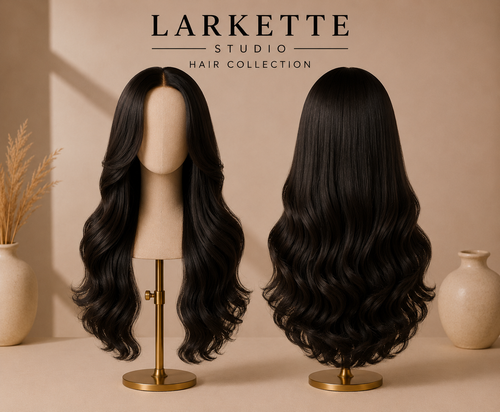 The Amalfi Aura - 22 Inch Natural Black Curtain Bang Body Wave Lace Front Wig - Front and Back View