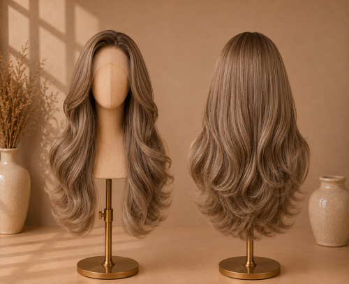 The Amalfi Honey Waves - 22 Inch Brown Long Wave Synthetic 13x4 Lace Front Wig - Front and Back View