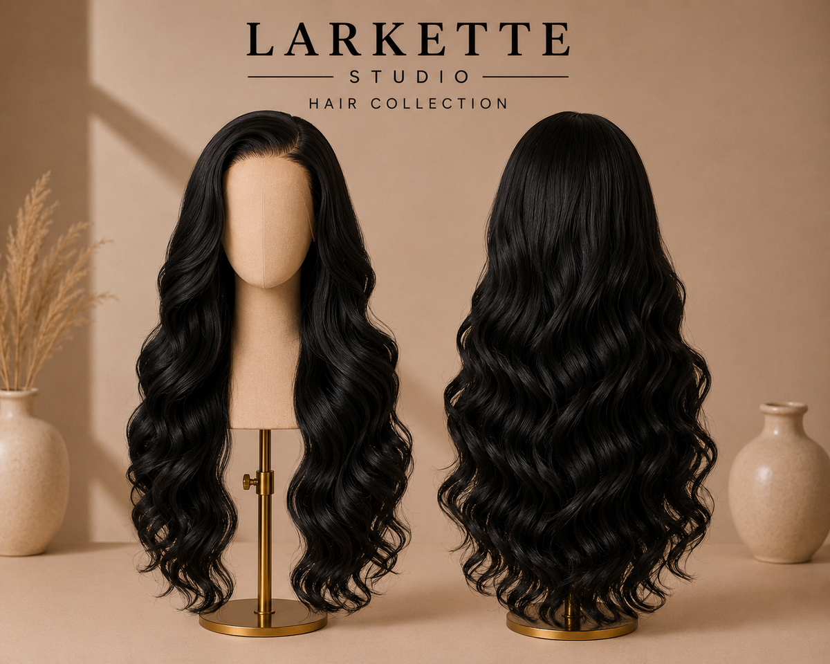 The Barcelona Belle - 28 Inch Black Body Wave Human Blend Lace Front Wig - Front and Back View