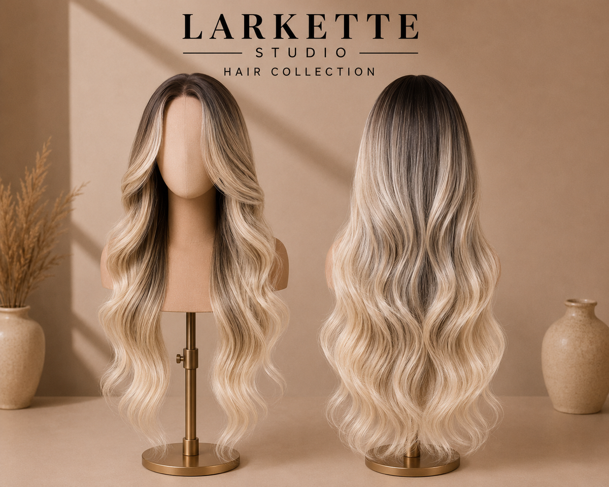 The Barcelona Sunset Ombré - 28 Inch Dark Root Blonde Body Wave Human Blend Lace Front Wig - Front and Back View