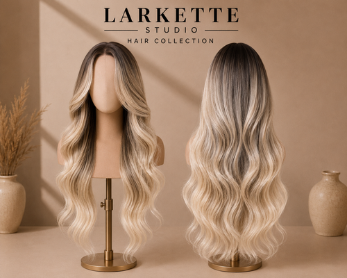 The Barcelona Sunset Ombré - 28 Inch Dark Root Blonde Body Wave Human Blend Lace Front Wig - Front and Back View