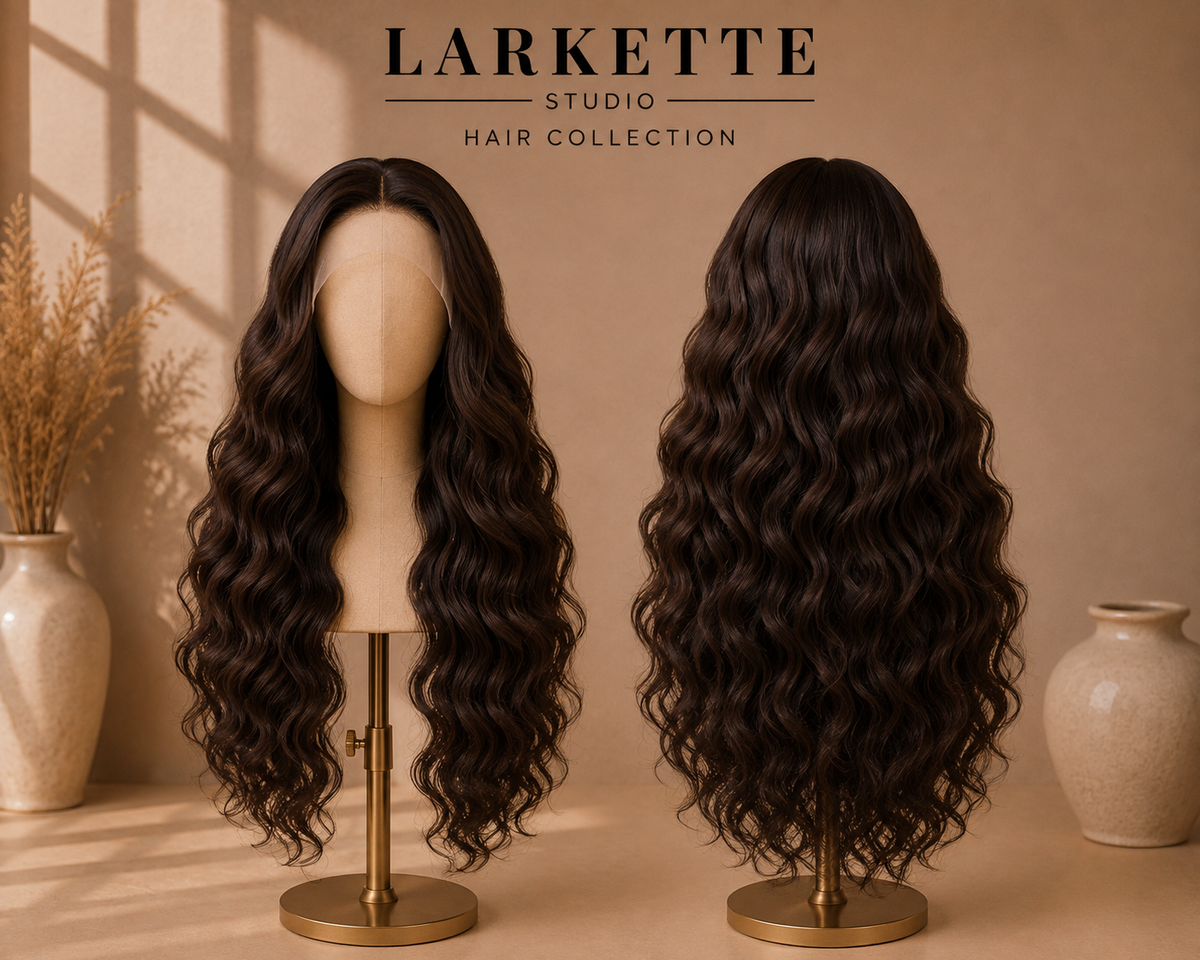 The Corsica Coastal Curl - 30 Inch Brown Wavy Human Blend 13x4 Swiss Lace Front Wig - Front and Back View