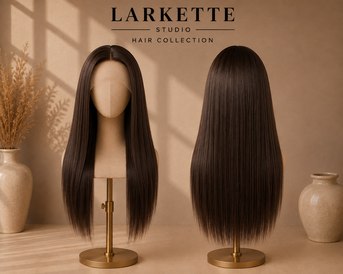 The Lisbon Luxe Length - 24 Inch Dark Brown Straight Human Blend Lace Front Wig with Bangs - Front and Back View