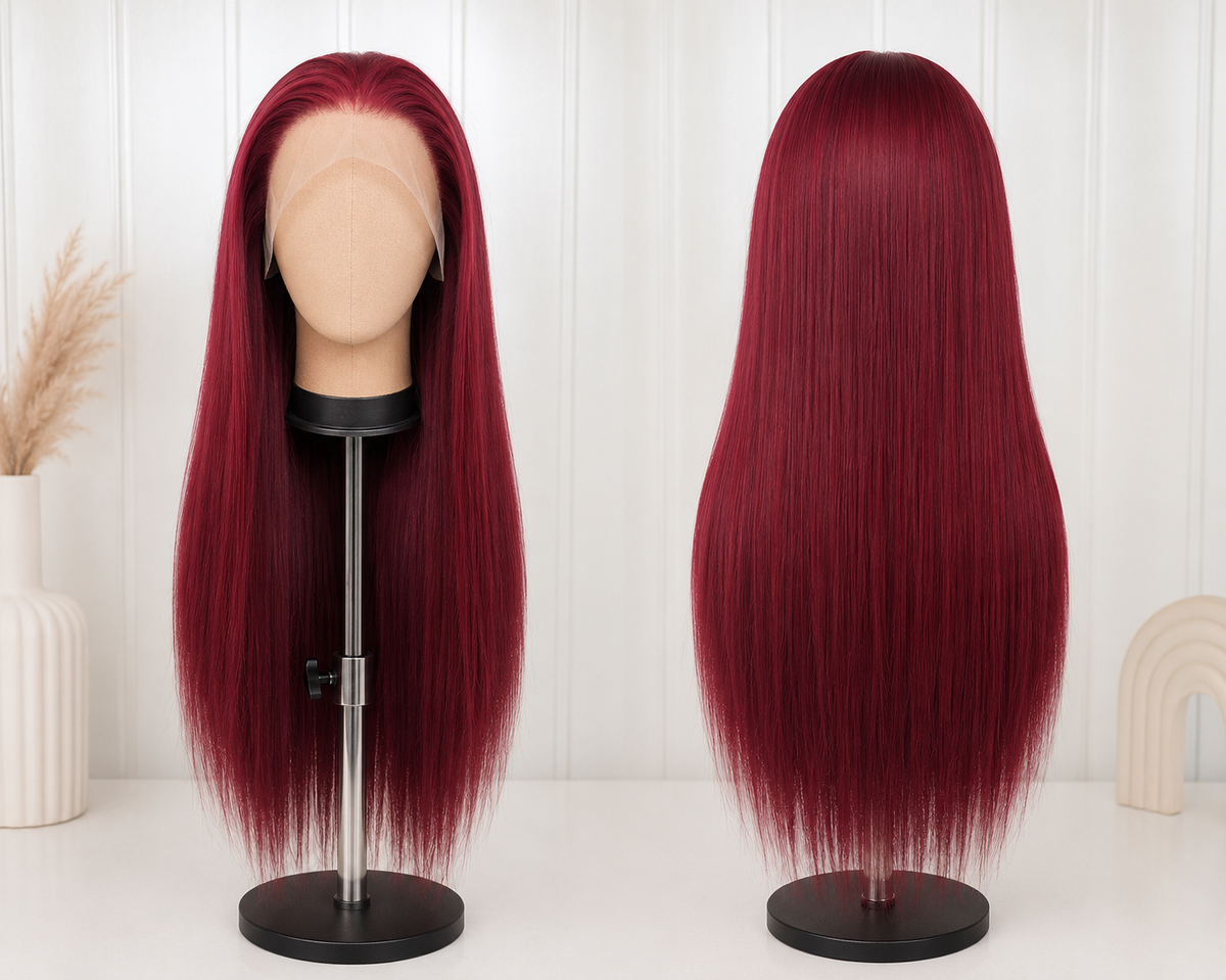 The Milan Ruby Sleek - 26 Inch Deep Red Straight Human Blend Lace Front Wig - Front and Back View
