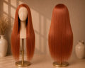 The Monaco Sunset - 32 Inch Dark Orange Straight Heat Resistant Synthetic Lace Front Wig - Front and Back View