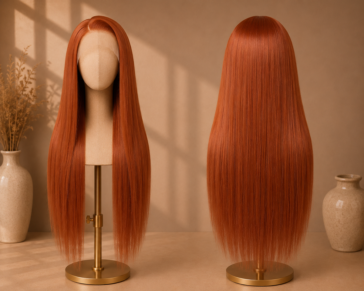 The Monaco Sunset - 32 Inch Dark Orange Straight Heat Resistant Synthetic Lace Front Wig - Front and Back View