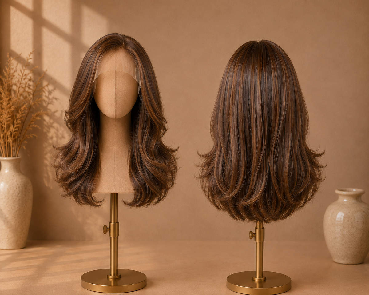 The Parisian Silk Sway - 18 Inch Brown Wavy Curtain Bang Kanekalon Lace Front Wig - Front and Back View