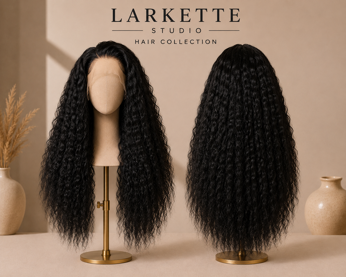 The Santorini Waves - 28 Inch Black Kinky Curly Lace Front Wig - Front and Back View