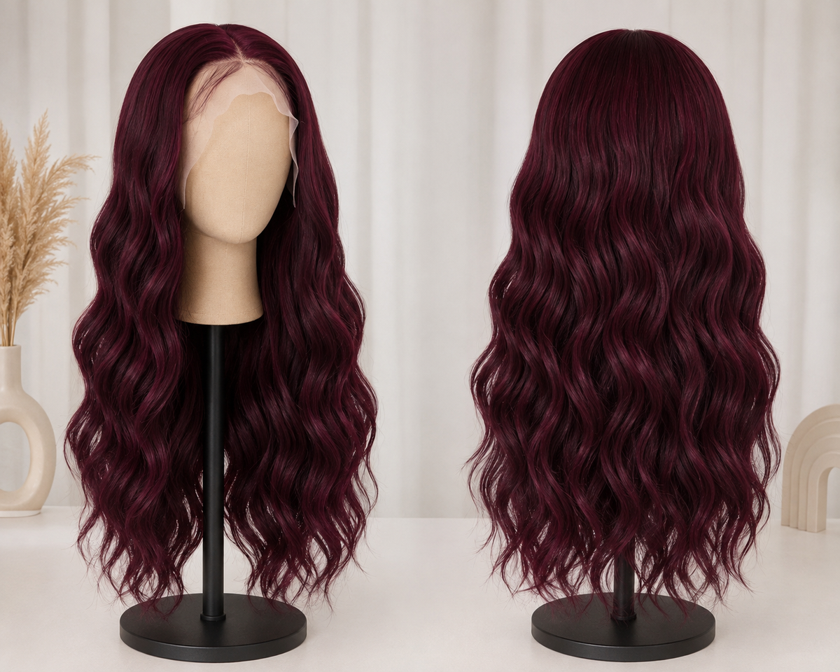 The Sicily Sangria Flow - 26 Inch Burgundy Body Wave Human Blend Lace Front Wig - Front and Back View