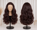 The Tuscany Wine Waves - 22 Inch Dark Burgundy Body Wave Curtain Bang Kanekalon 13x4 Lace Front Wig - Front and Back View
