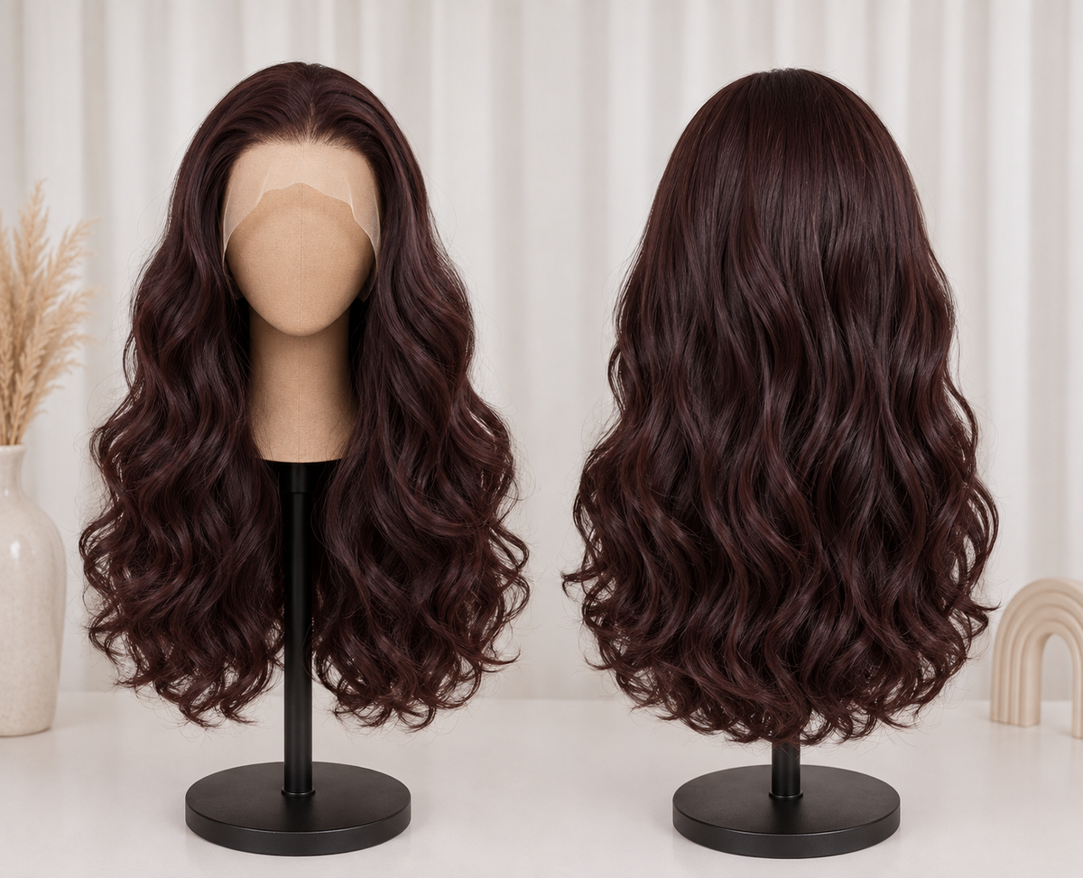 The Tuscany Wine Waves - 22 Inch Dark Burgundy Body Wave Curtain Bang Kanekalon 13x4 Lace Front Wig - Front and Back View