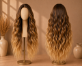 The Valencia Golden Waves - 28 Inch Dark Root Blonde Ombré Body Wave T-Part Lace Front Wig - Front and Back View