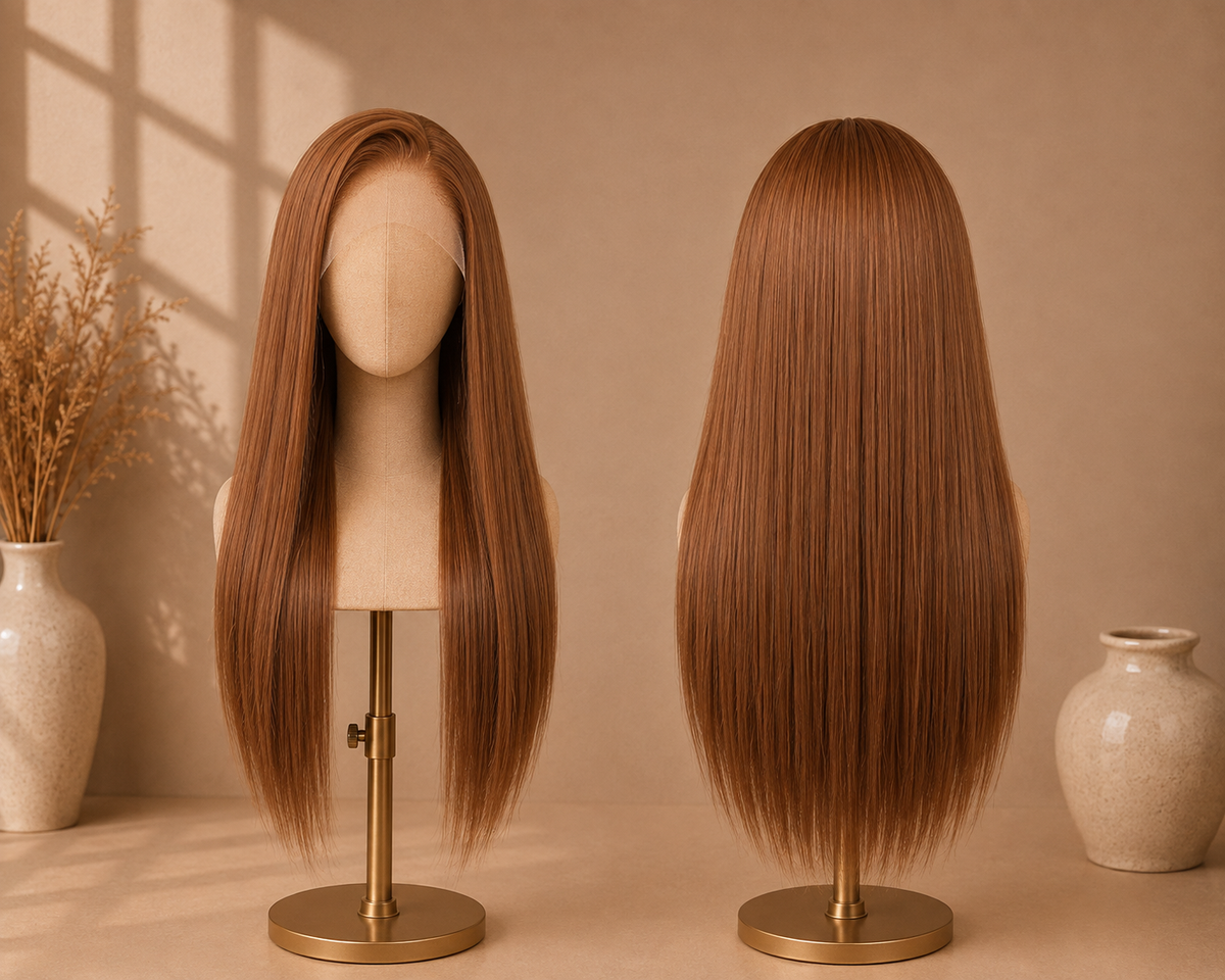 The Vienna Amber Sleek - 24 Inch Ginger Straight Human Blend Lace Front Wig - Front and Back View